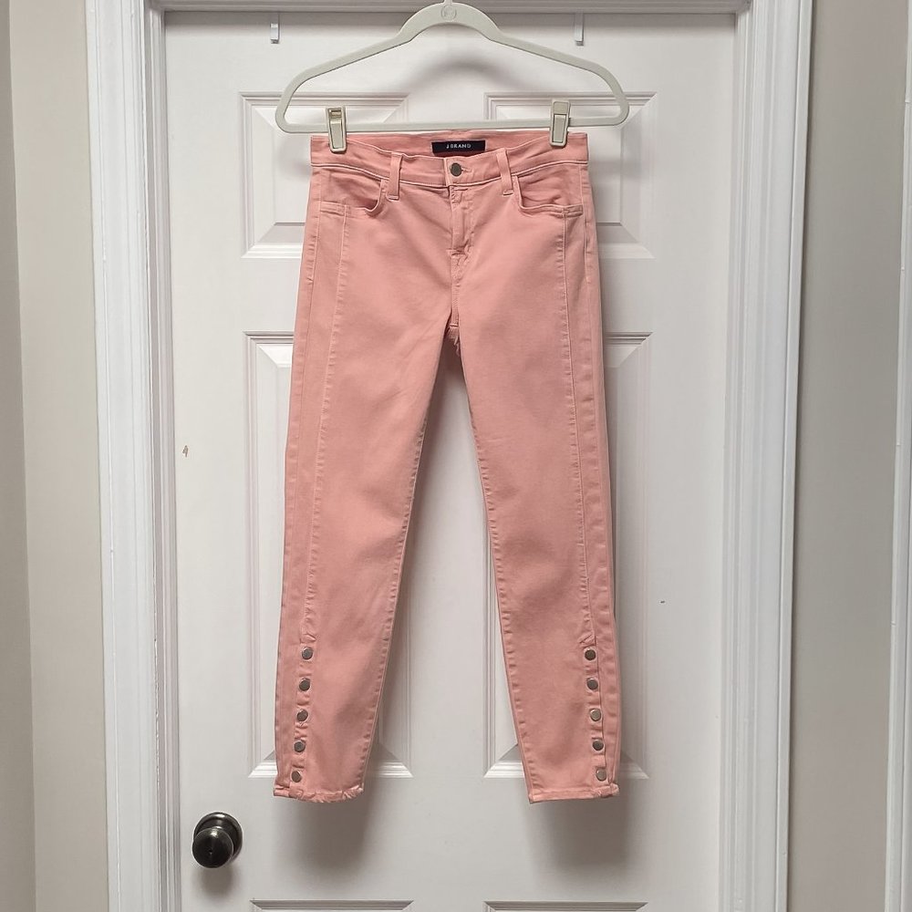 J Brand Suvi Button Cuff Mid Rise Crop Skinny Pants, Size 27, Color Pink